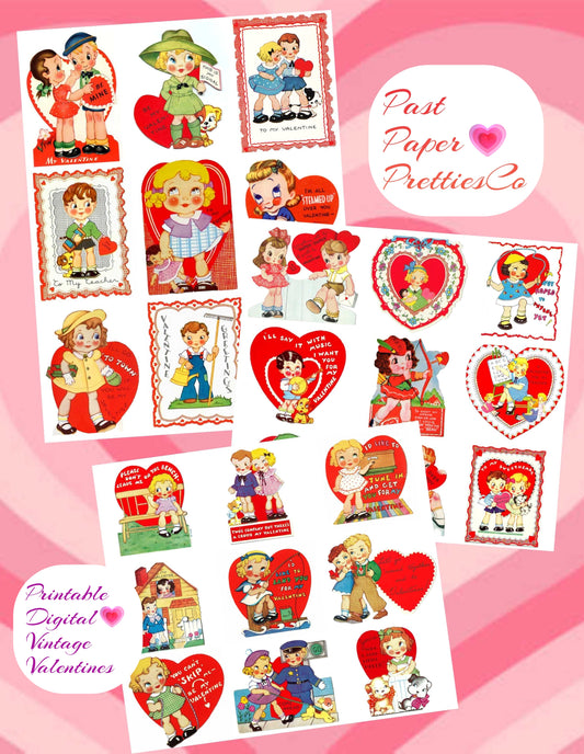 27 Vintage Big Eyed Children Valentine Cards Collage Sheets Cute Kitsch Girls Boys Printable PDF Instant Digital Download 1930s