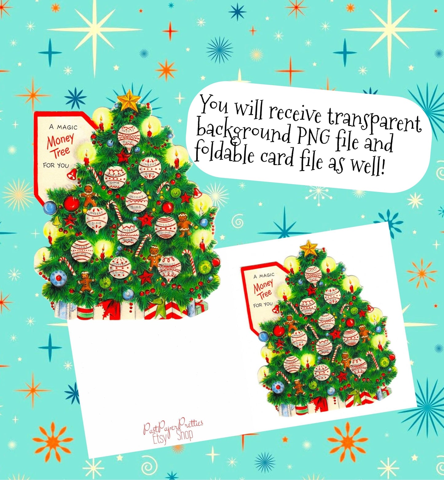Vintage Printable Christmas Tree Coin Money Card Image Dime Holder PDF Instant Digital Download Merry Kitschmas 300 dpi JPEG PNG