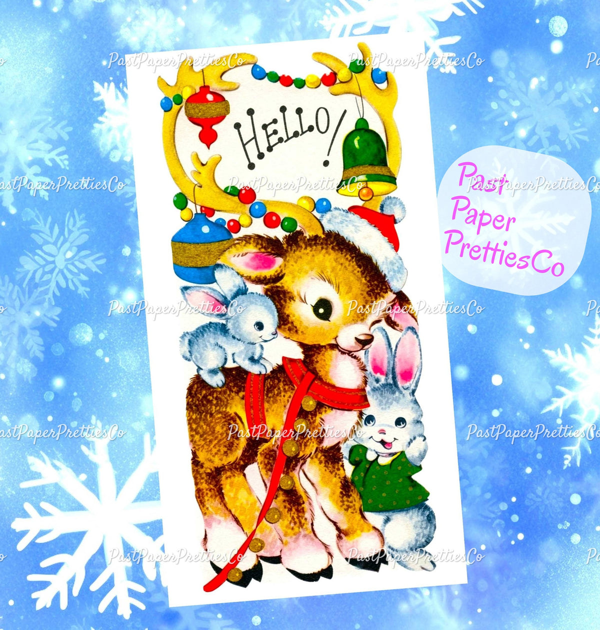 Vintage Printable Baby Christmas Deer and Bunny Friends Card Image PDF Instant Digital Download Kitsch Holiday Reindeer Clipart JPEG PNG