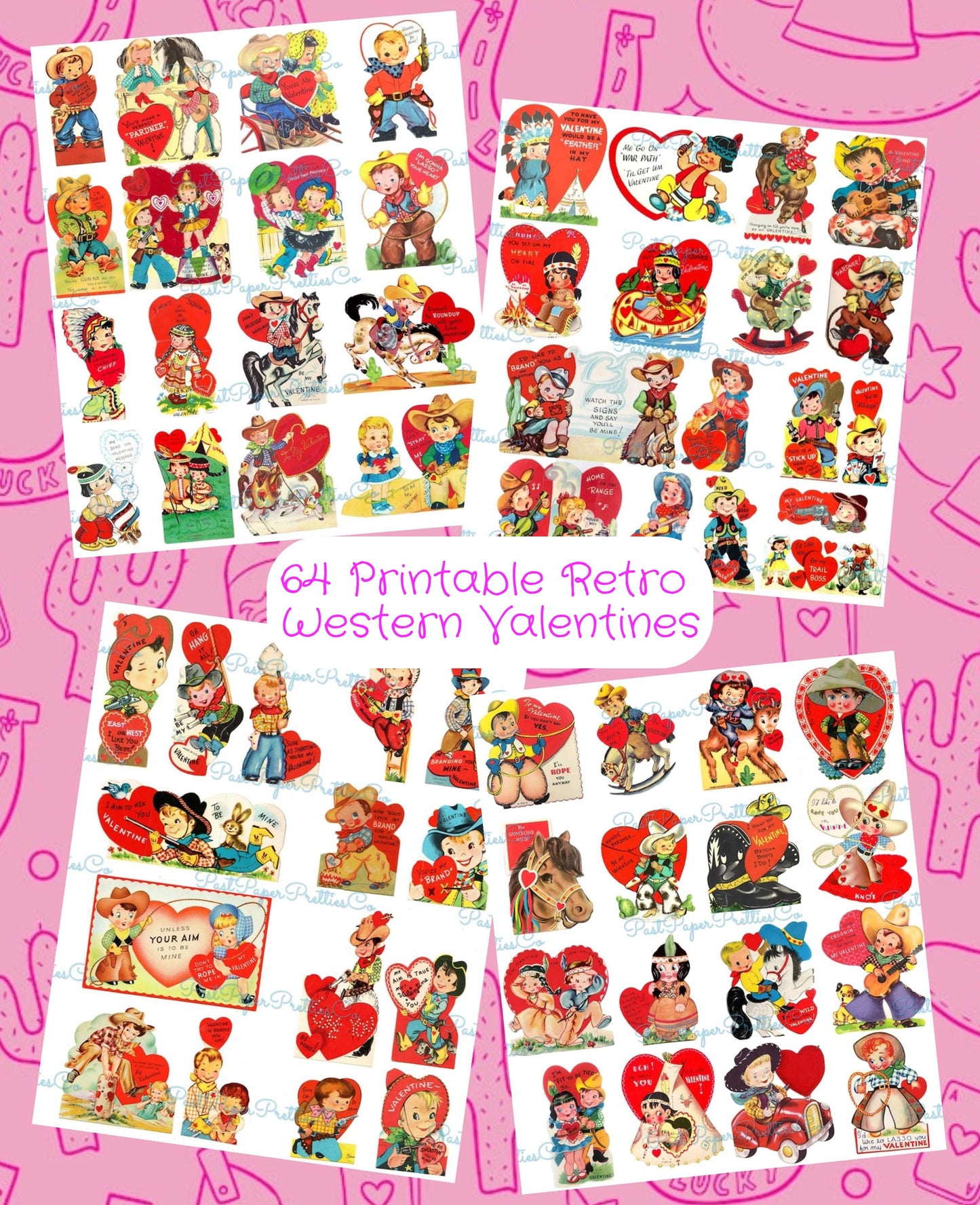Vintage Western Valentines Day Cards Cute Cowboy Indian Themed Collage Sheets Printable PDF Instant Digital Download 64 Images 2 Sizes