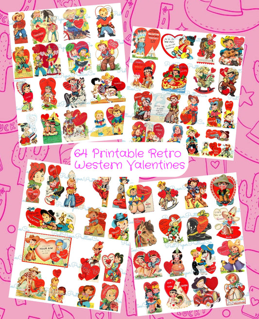 Vintage Western Valentines Day Cards Cute Cowboy Indian Themed Collage Sheets Printable PDF Instant Digital Download 64 Images 2 Sizes