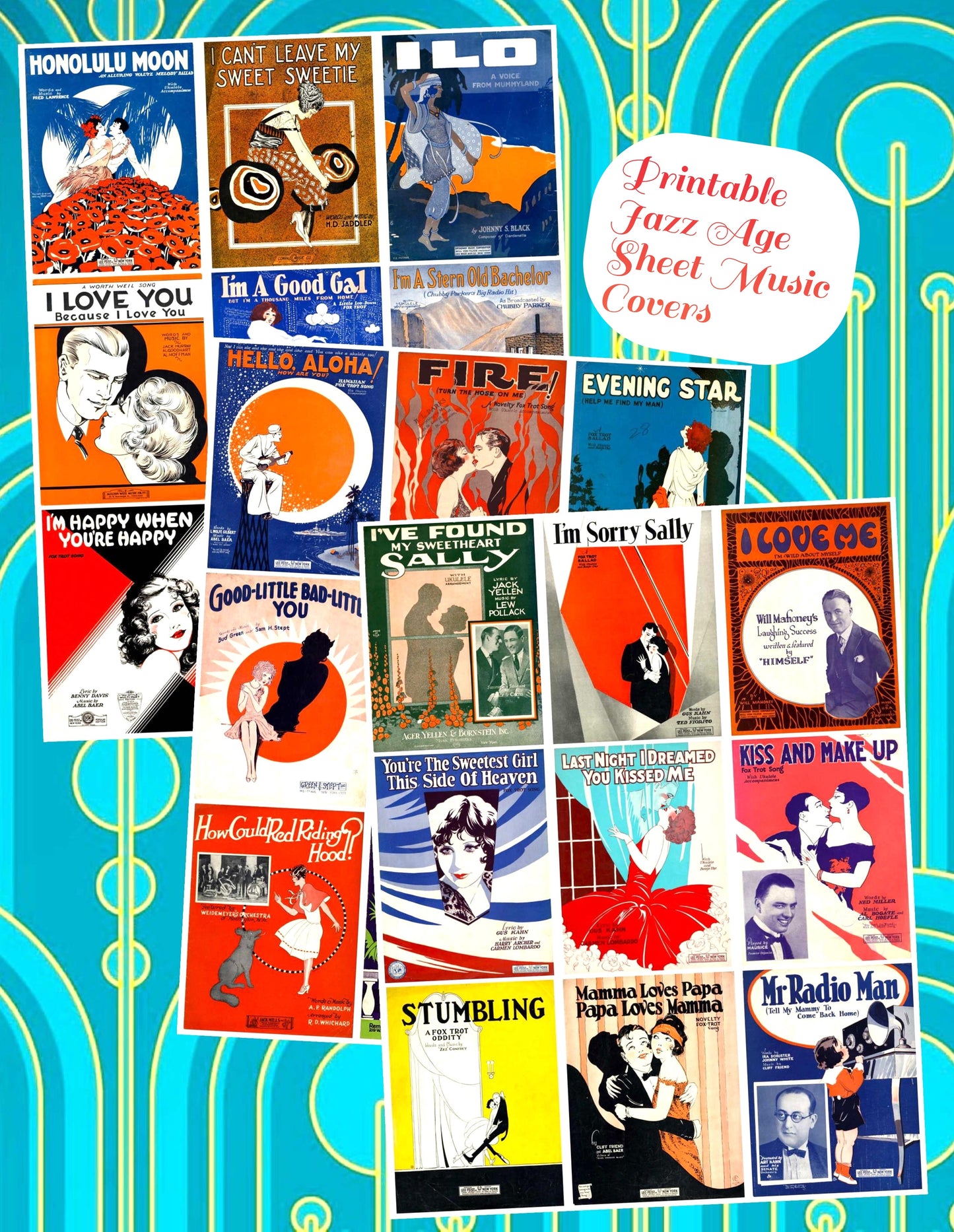 Vintage Jazz Era Sheet Music Covers Collage Images Printable PDF Instant Digital Download Flappers Tuxedoed Men Romance Art Deco Roaring 20s