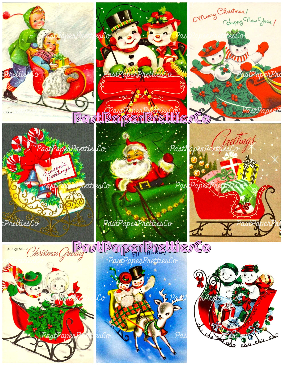 Vintage Christmas Sleighs Collage Sheets Retro MCM 62 Card Images PDF Instant Digital Download Merry Kitschmas Xmas Clipart