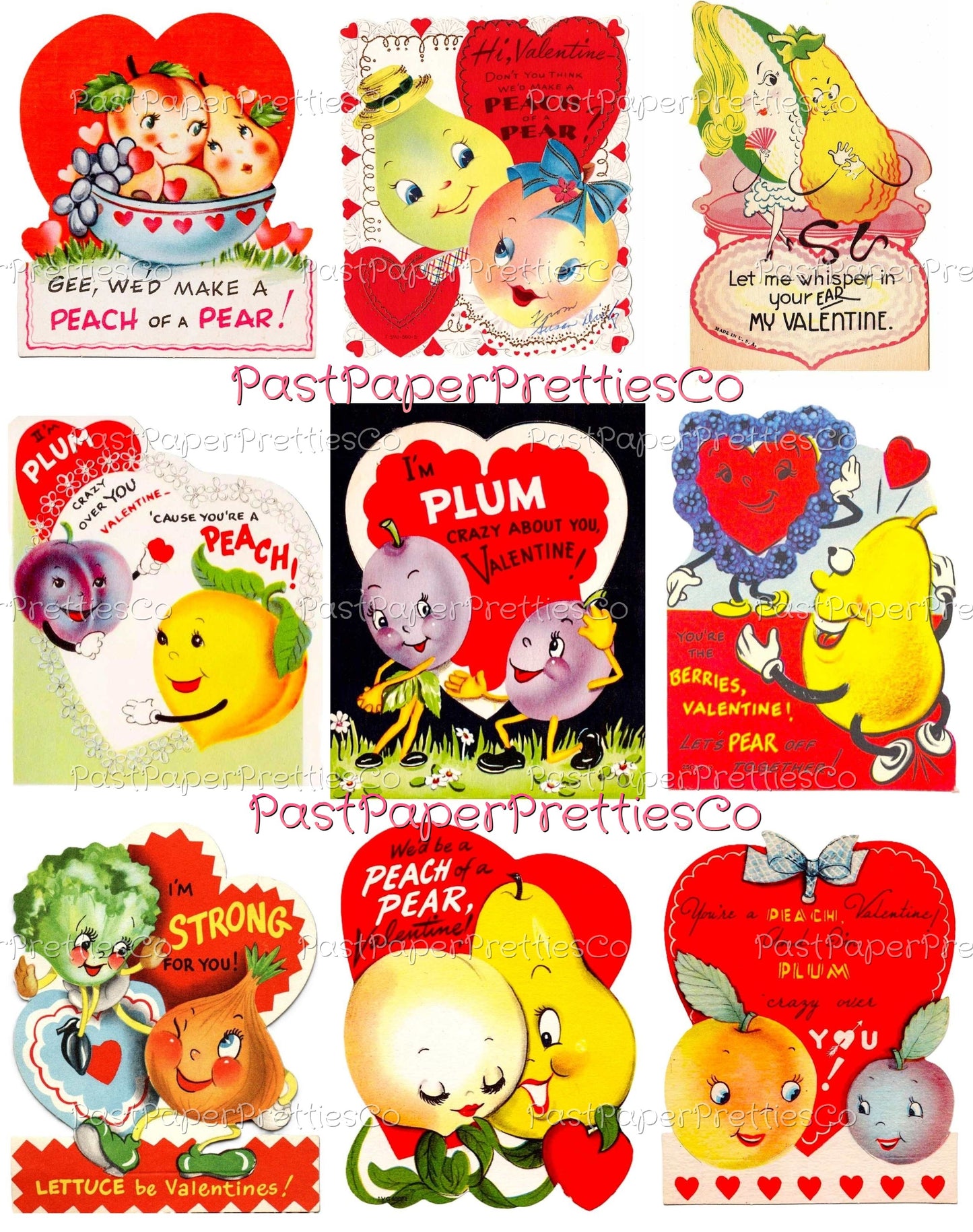 Vintage Food-In-Love Valentine Cards Images Anthropomorphic Fruit Veggies Couples Collage Sheets Printable PDF Instant Digital Download