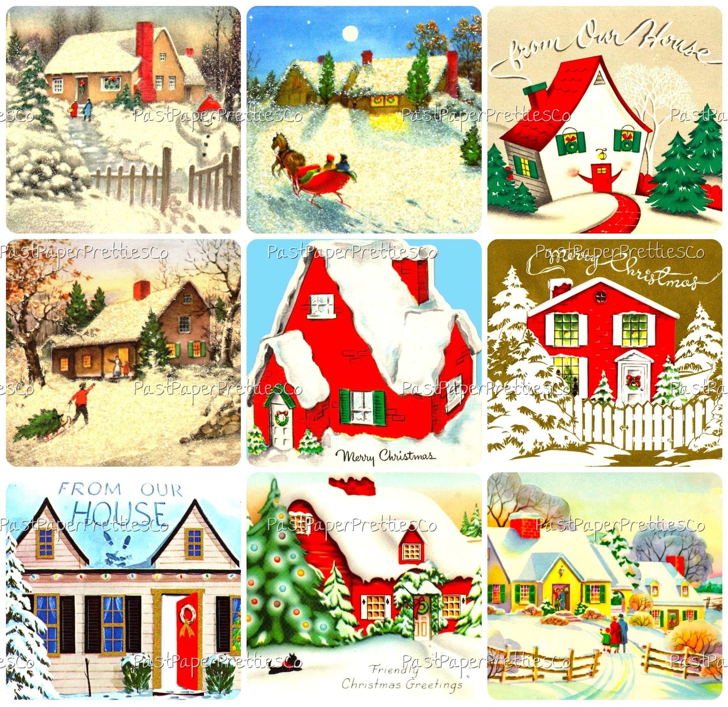 Vintage Printable Christmas Houses Snowy Outdoor Holiday Homes Collage Sheets Retro MCM Card 89 Images PDF Instant Digital Download