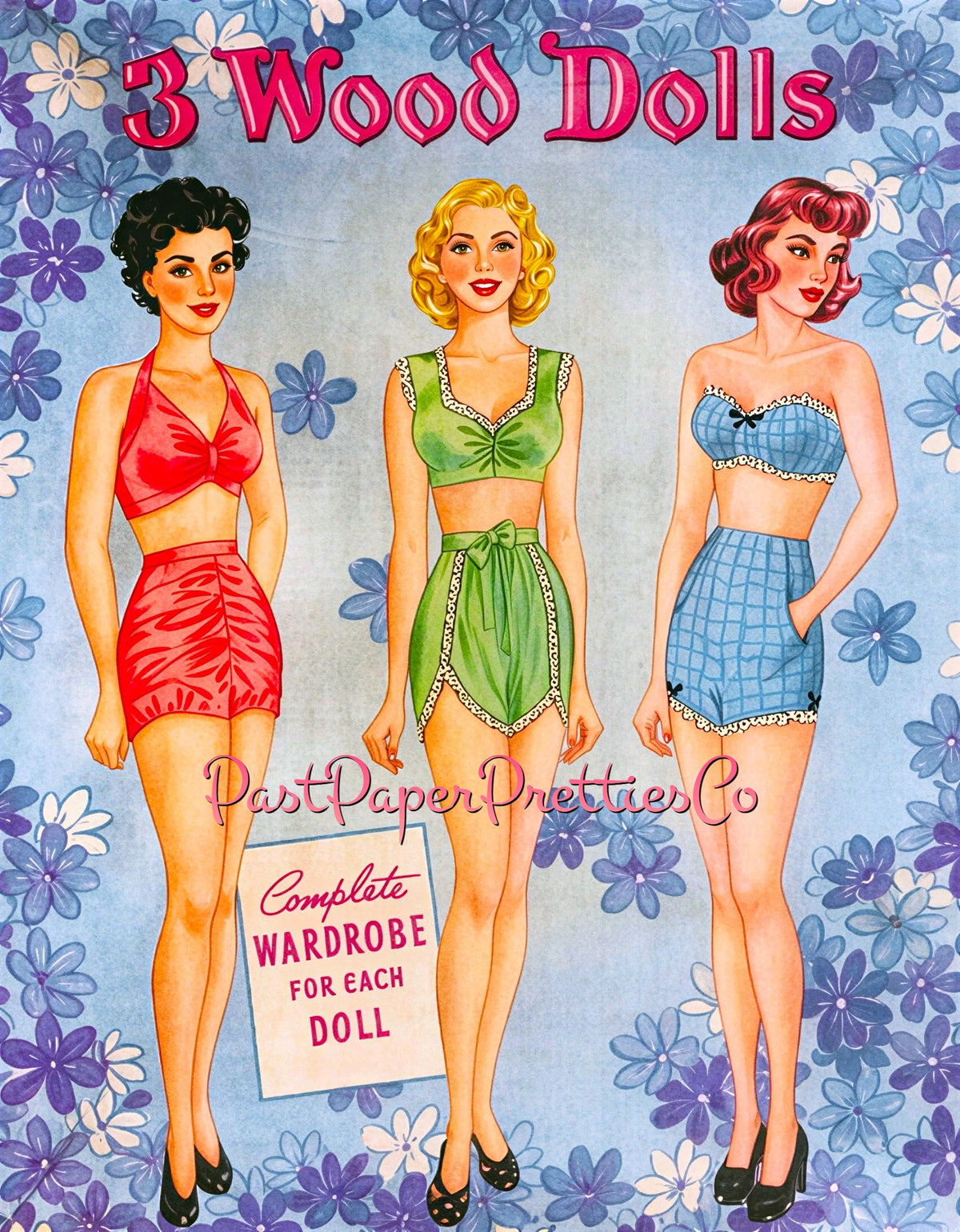 Vintage Paper Dolls 3 Wood Dolls Glamorous 1940s Ladies Printable PDF Instant Digital Download Gorgeous Wardrobe Clipart