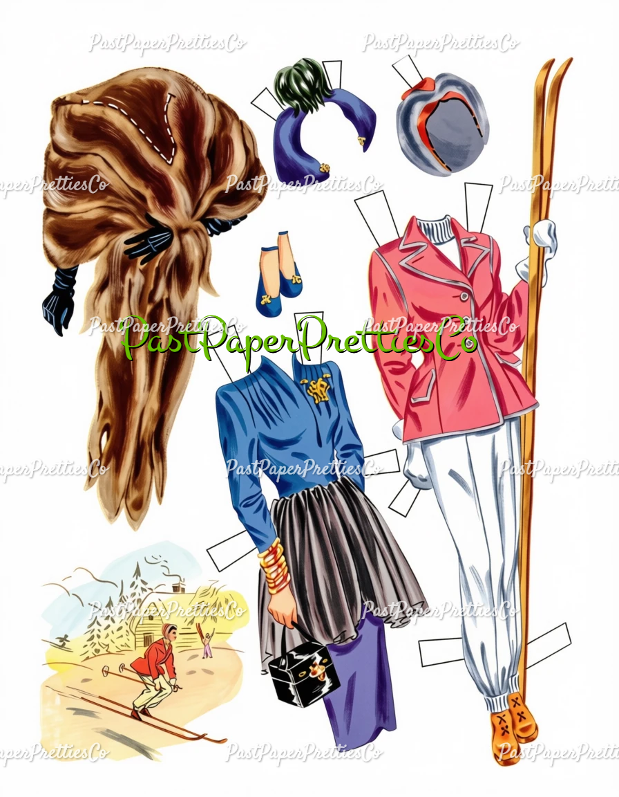 Vintage Paper Dolls 3 Wood Dolls Glamorous 1940s Ladies Printable PDF Instant Digital Download Gorgeous Wardrobe Clipart