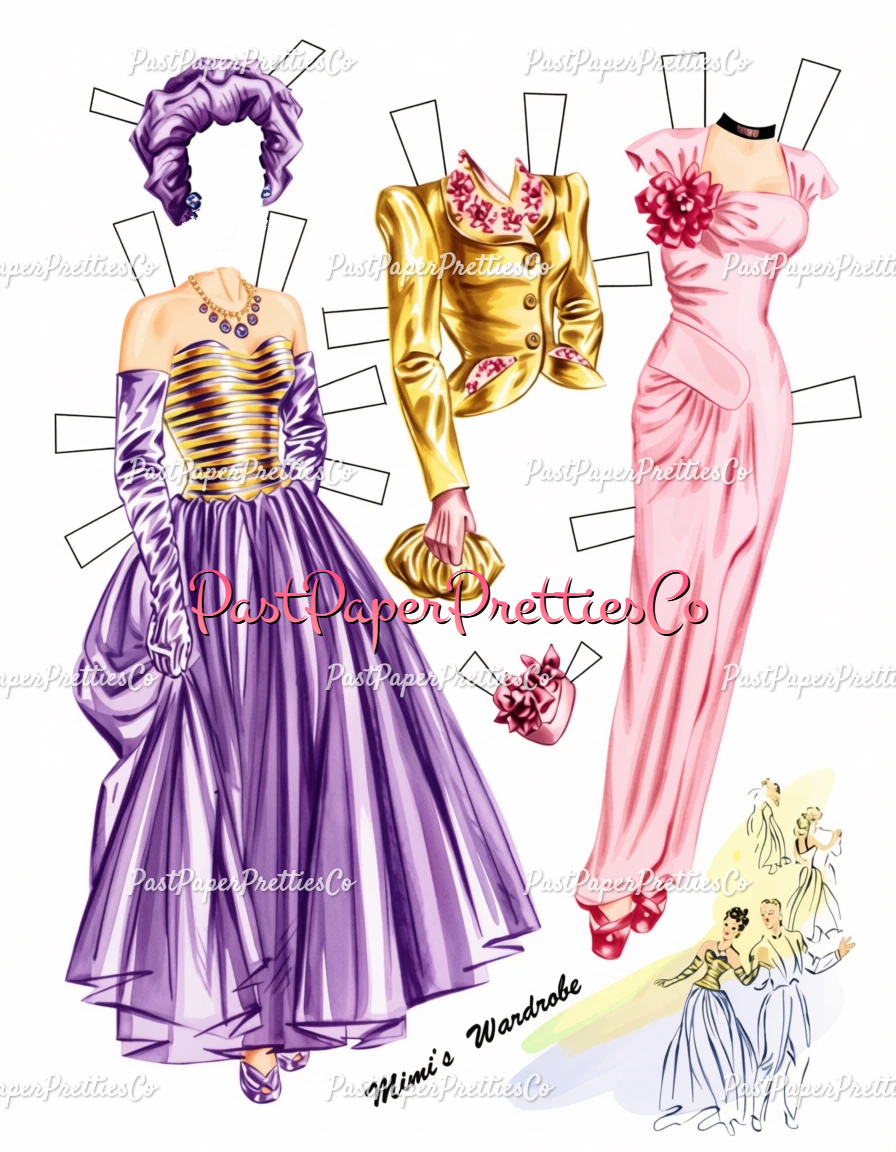 Vintage Paper Dolls 3 Wood Dolls Glamorous 1940s Ladies Printable PDF Instant Digital Download Gorgeous Wardrobe Clipart