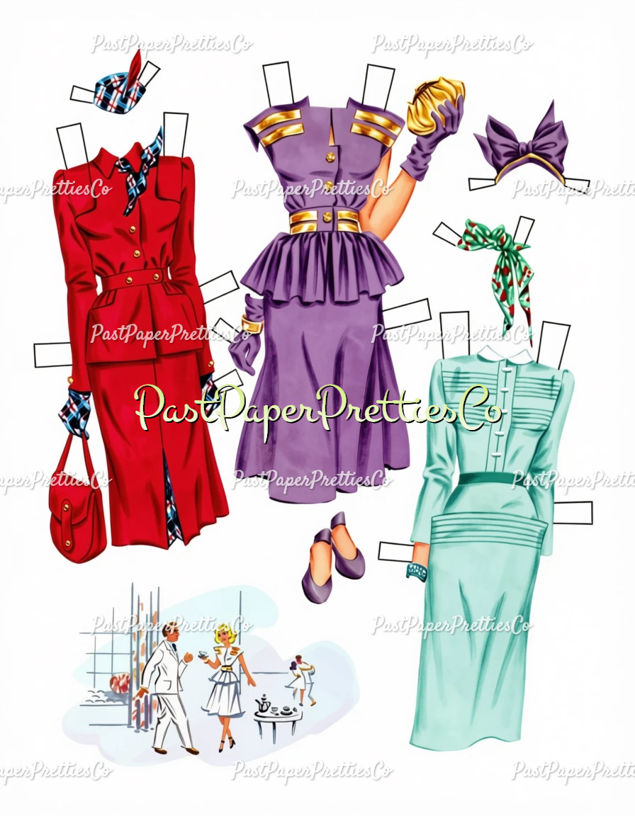 Vintage Paper Dolls 3 Wood Dolls Glamorous 1940s Ladies Printable PDF Instant Digital Download Gorgeous Wardrobe Clipart