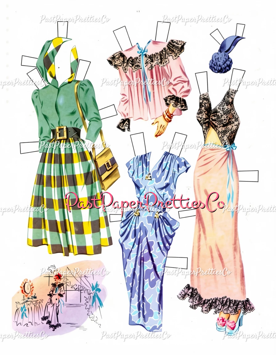Vintage Paper Dolls 3 Wood Dolls Glamorous 1940s Ladies Printable PDF Instant Digital Download Gorgeous Wardrobe Clipart