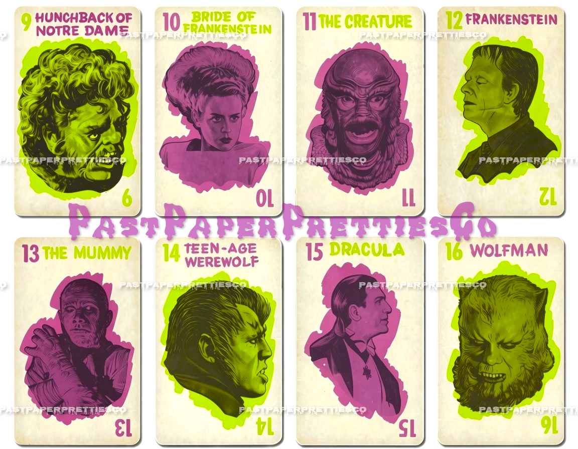 Vintage Printable Monster Old Maid Playing Cards Spooktacular Collage Set PDF Instant Digital Download Halloween Classic 60s Card Game