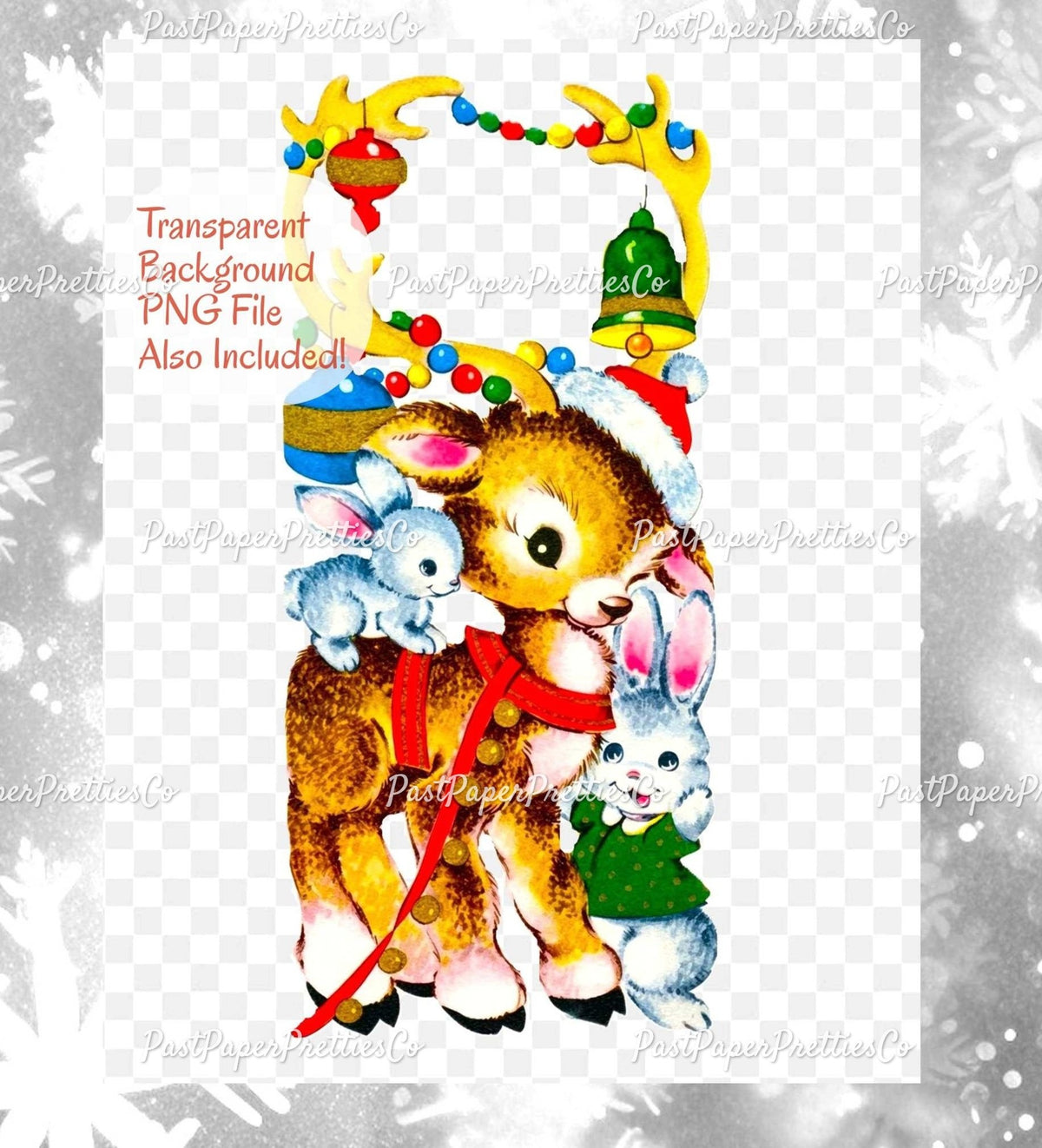 Vintage Printable Baby Christmas Deer and Bunny Friends Card Image PDF Instant Digital Download Kitsch Holiday Reindeer Clipart JPEG PNG