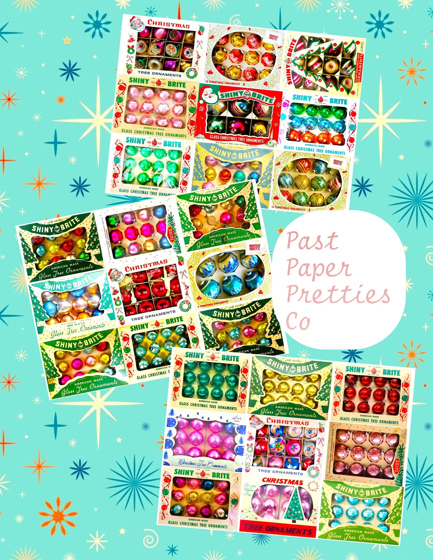 Vintage Christmas Printable Shiny Brite Ornaments Collage Images PDF Instant Digital Download Kitsch MCM Glass Ornament Boxes Clipart