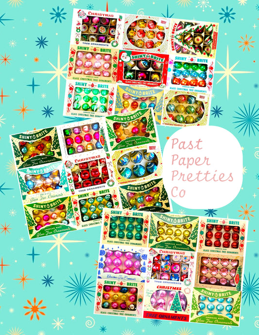 Vintage Christmas Printable Shiny Brite Ornaments Collage Images PDF Instant Digital Download Kitsch MCM Glass Ornament Boxes Clipart
