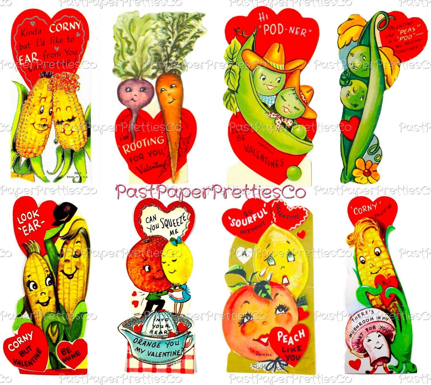 Vintage Food-In-Love Valentine Cards Images Anthropomorphic Fruit Veggies Couples Collage Sheets Printable PDF Instant Digital Download