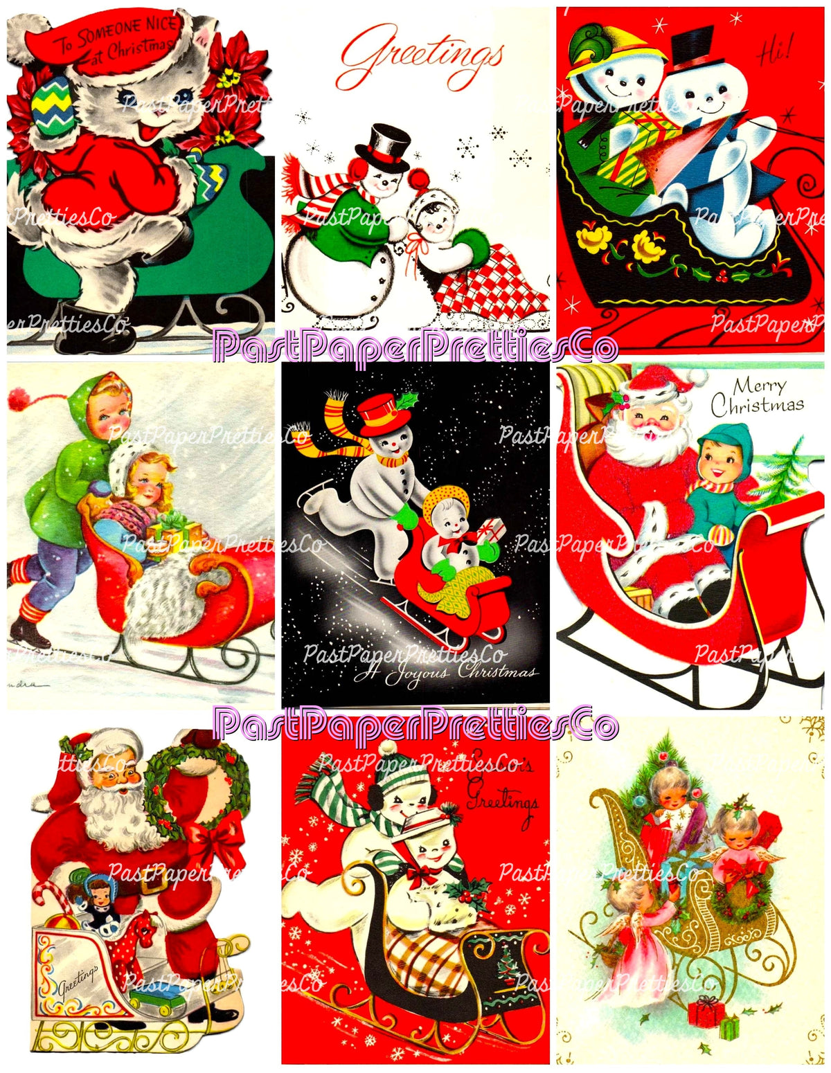 Vintage Christmas Sleighs Collage Sheets Retro MCM 62 Card Images PDF Instant Digital Download Merry Kitschmas Xmas Clipart