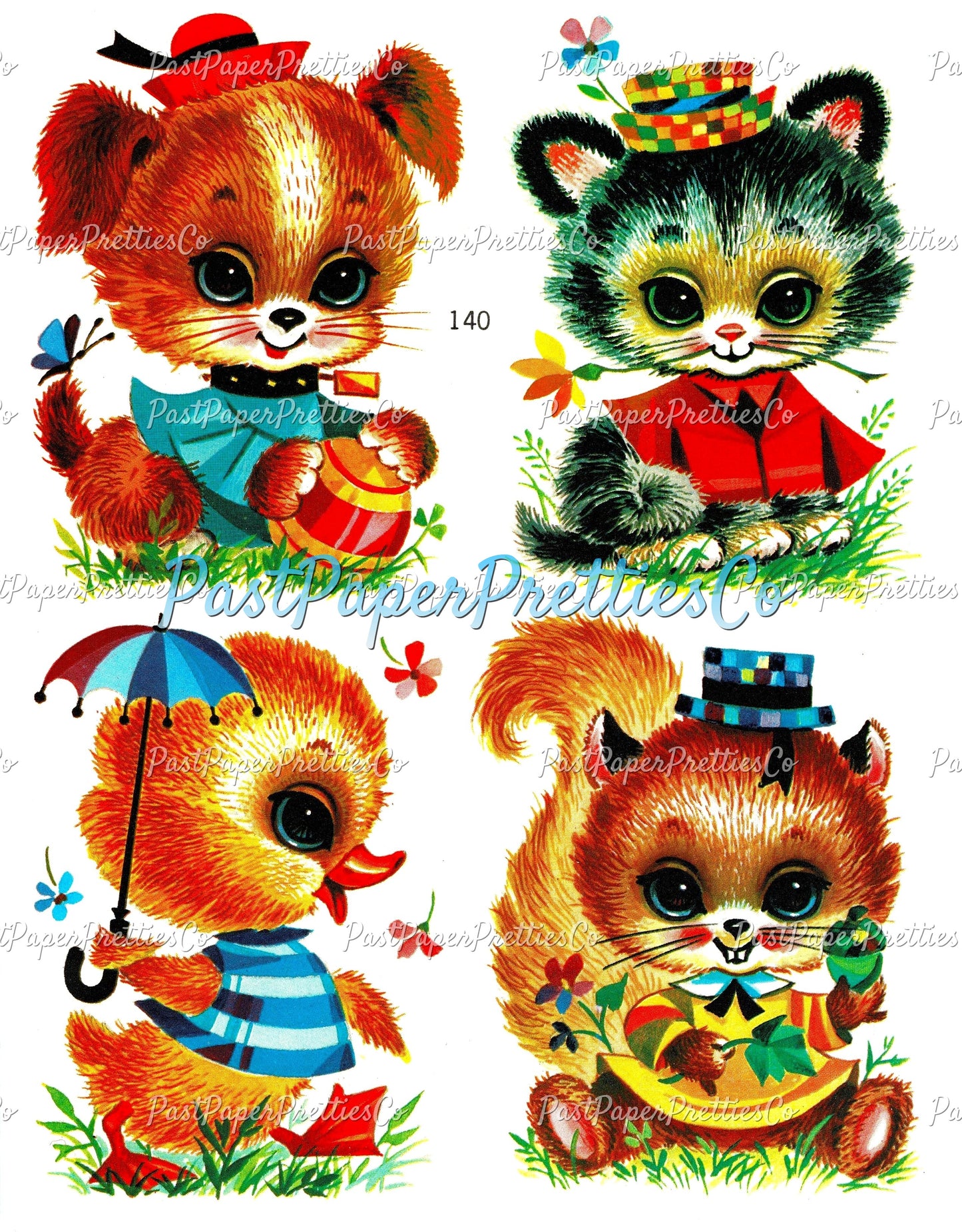 Vintage Retro 1970s Cute Baby Animals Printable Nursery Decals Images Collage Sheet Instant Digital Download Puppy Kitten Duckling Squirrel
