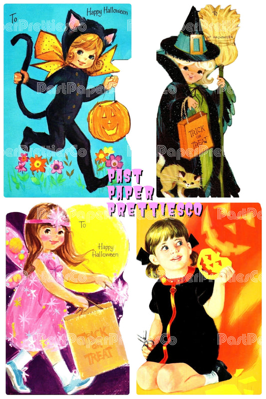 Vintage Printable Adorable Halloween Cards Little Girls Fairy Black Cat Witch Trick or Treaters Images PDF Instant Digital Download 300 dpi