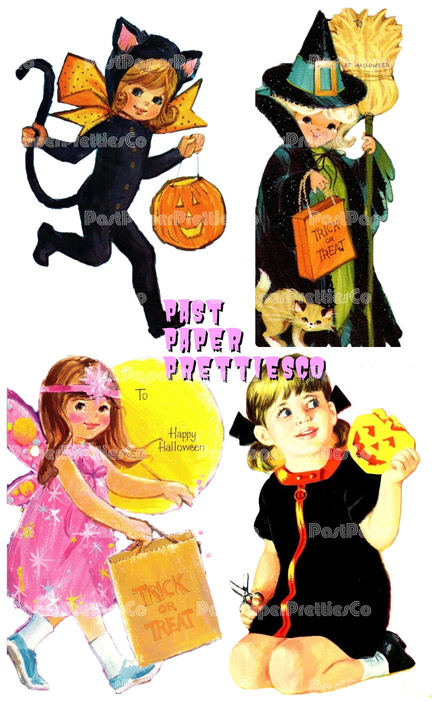 Vintage Printable Adorable Halloween Cards Little Girls Fairy Black Cat Witch Trick or Treaters Images PDF Instant Digital Download 300 dpi