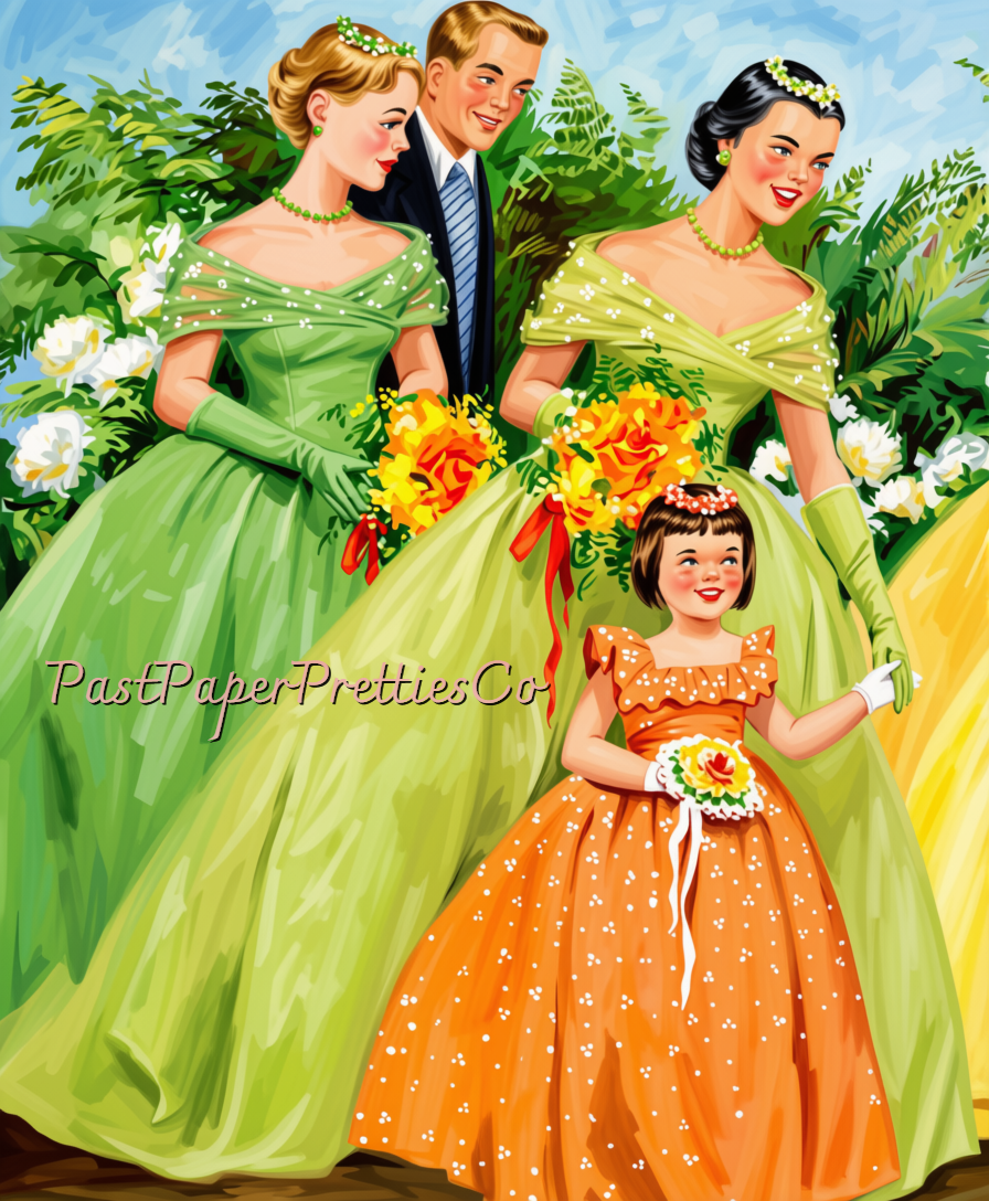 Vintage Wedding Paper Dolls Gorgeous Bridal Clipart 1958 Printable PDF Instant Digital Download Bride Groom Flower Girl Bridesmaid