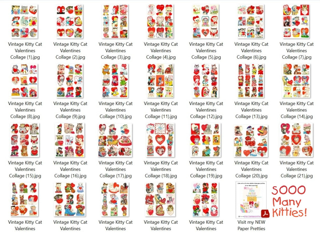 Vintage Kitty Cat Valentine Cards ALL CATS So Many Adorable Images Printable PDF Instant Digital Download Kitsch Kawaii Kitten Clip Art