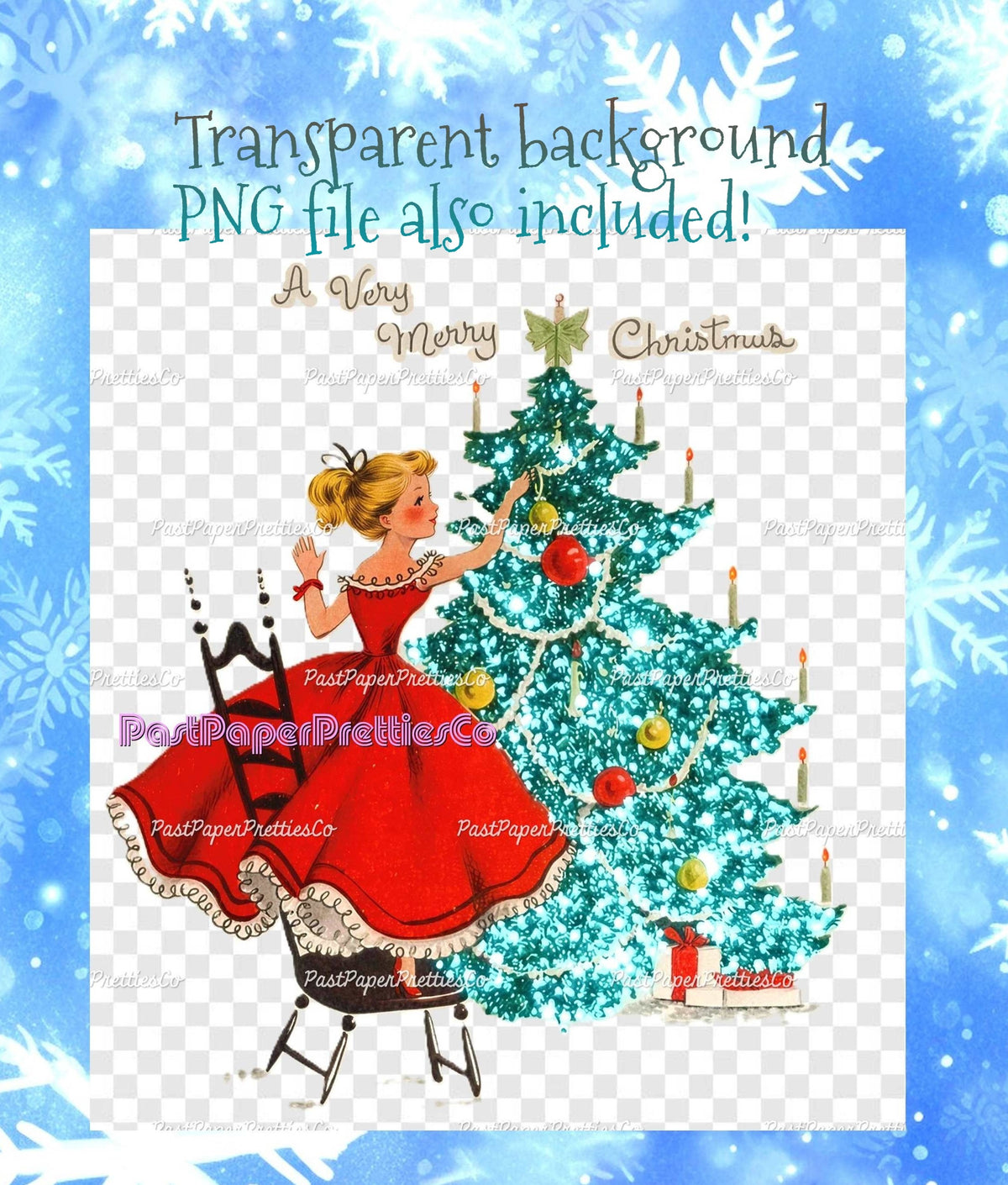 Vintage Printable Pretty Lady Sparkly Glitter Tree Christmas Card Image Retro 1950s Instant Digital Download Merry Kitschmas Clipart