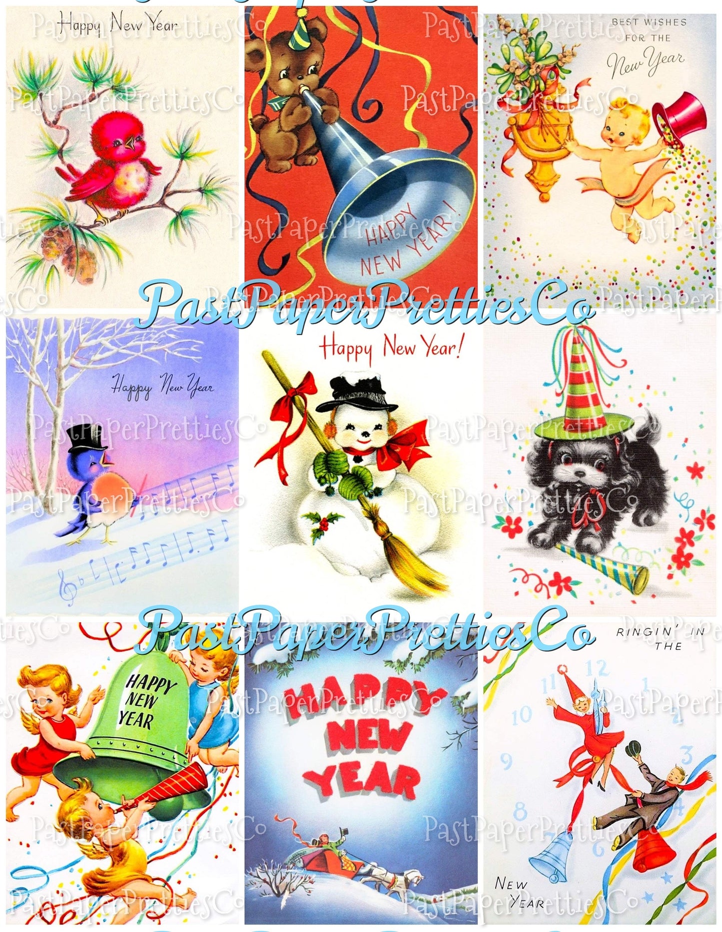 Vintage Happy New Year Printable MCM Card Collage Sheets PDF Instant Digital Download 63 New Years Day Eve Clipart Images