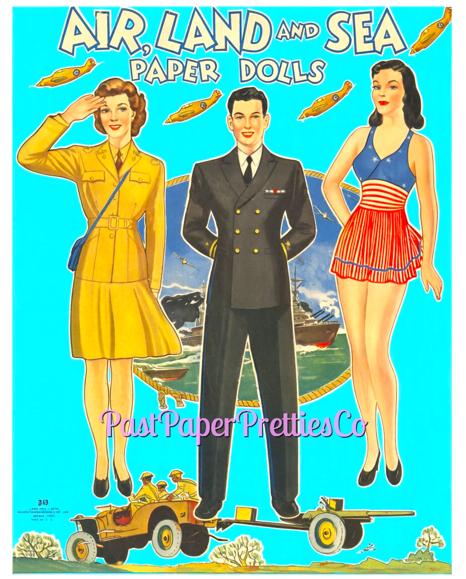 Vintage Paper Dolls Air Land and Sea WWII Air Force Army Navy Military Dolls 1943 Printable PDF Instant Digital Download Wartime Clipart
