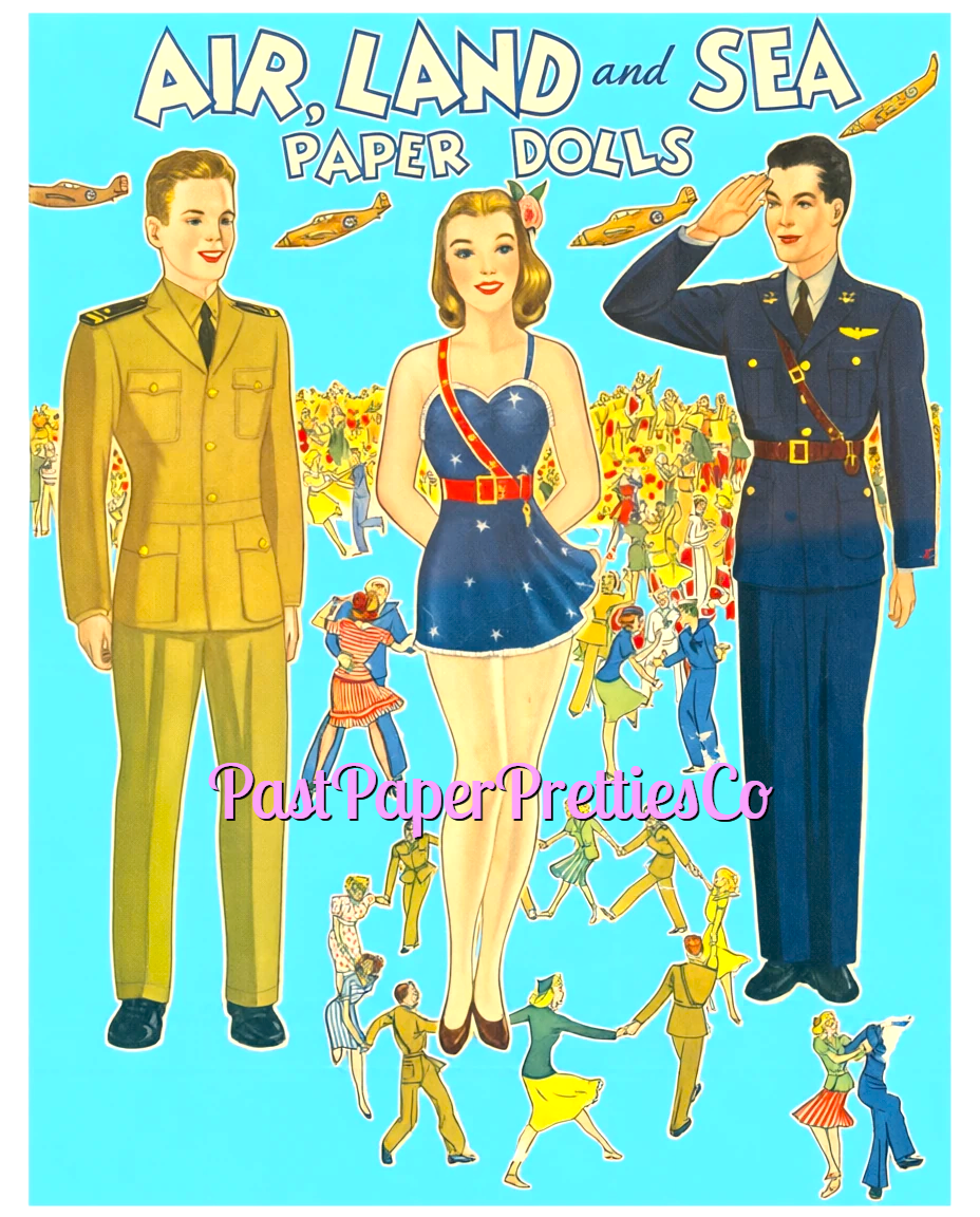 Vintage Paper Dolls Air Land and Sea WWII Air Force Army Navy Military Dolls 1943 Printable PDF Instant Digital Download Wartime Clipart