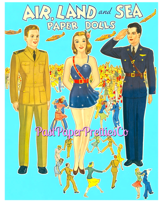 Vintage Paper Dolls Air Land and Sea WWII Air Force Army Navy Military Dolls 1943 Printable PDF Instant Digital Download Wartime Clipart