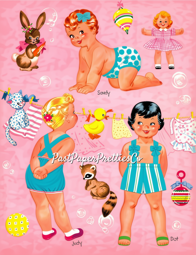 Vintage CUTE Baby Paper Dolls Dolls with Cloth-Like Clothes Printable PDF Instant Digital Download Sweet Kitsch MCM Babies Toddlers Clip Art