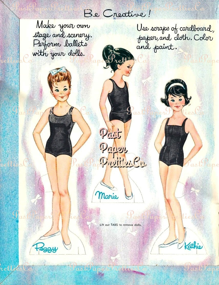 Vintage Paper Dolls Ballet Cut-Outs 1964 PDF Printable Instant Digital Download 5 Cute Kitsch Ballerina Dancer Girls Clip Art