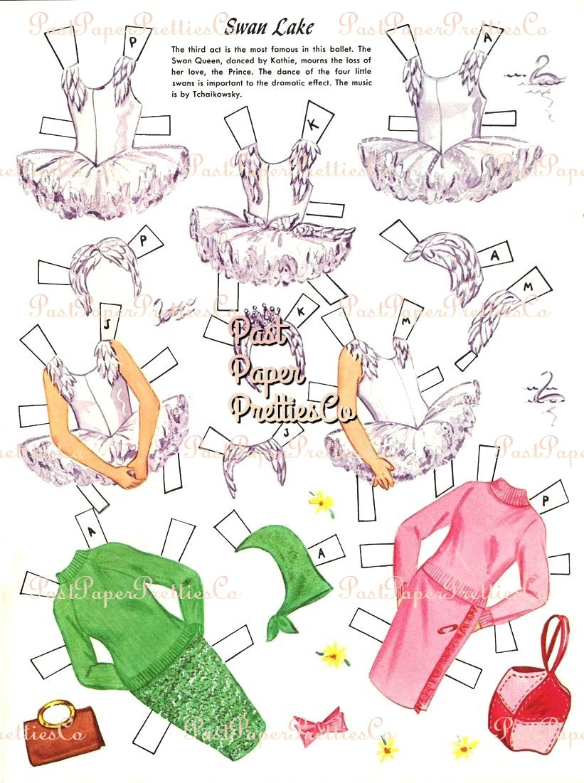 Vintage Paper Dolls Ballet Cut-Outs 1964 PDF Printable Instant Digital Download 5 Cute Kitsch Ballerina Dancer Girls Clip Art