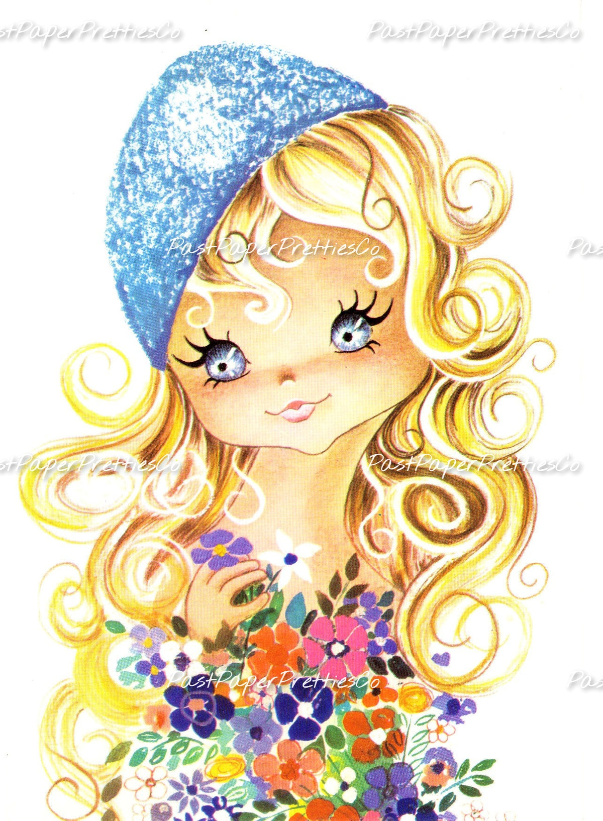 Vintage Printable Pretty Big Eyed Girls Retro Romantic 1970s Postcard Images PDF Instant Digital Download Cute Kitsch Kawaii Mod Girls