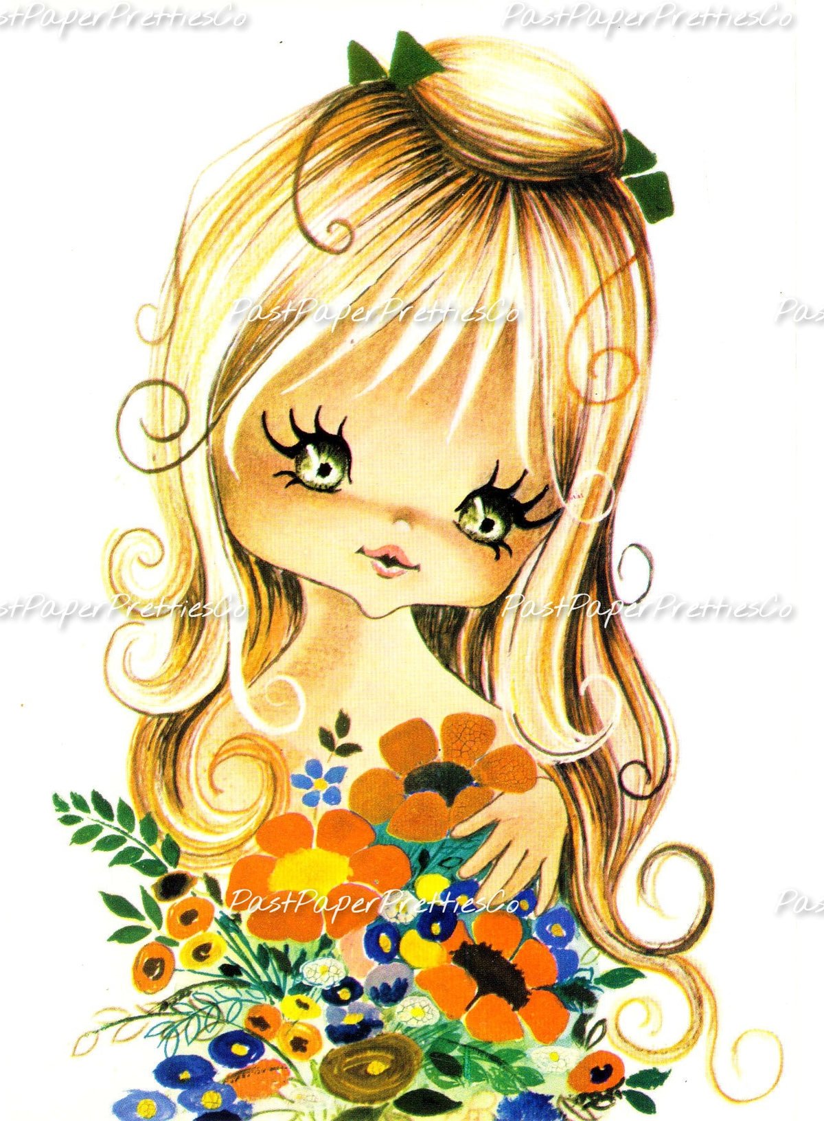 Vintage Printable Pretty Big Eyed Girls Retro Romantic 1970s Postcard Images PDF Instant Digital Download Cute Kitsch Kawaii Mod Girls
