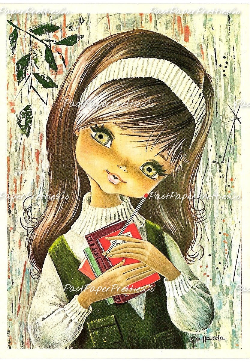 Vintage Printable Pretty Big Eyed Girls Retro Romantic 1970s Postcard Images PDF Instant Digital Download Cute Kitsch Kawaii Mod Girls