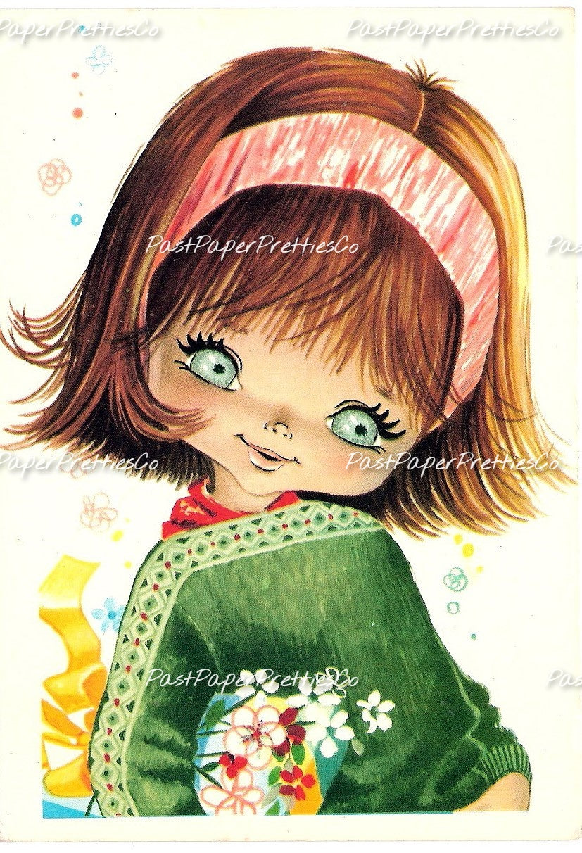 Vintage Printable Pretty Big Eyed Girls Retro Romantic 1970s Postcard Images PDF Instant Digital Download Cute Kitsch Kawaii Mod Girls