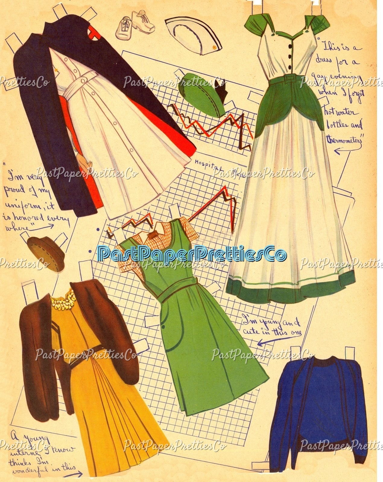 Vintage Paper Dolls Career Girls 1942 PDF Printable Instant Digital Download Pretty Glamour Career Gals Teacher Nurse Stewardess Clip Art