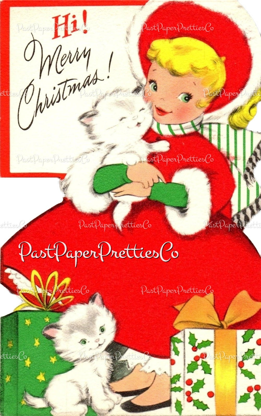 Vintage Printable Little Christmas Girl and Her Kittens Card Image Retro 1950s PDF Instant Digital Download Kitsch Kawaii Clipart JPEG PNG