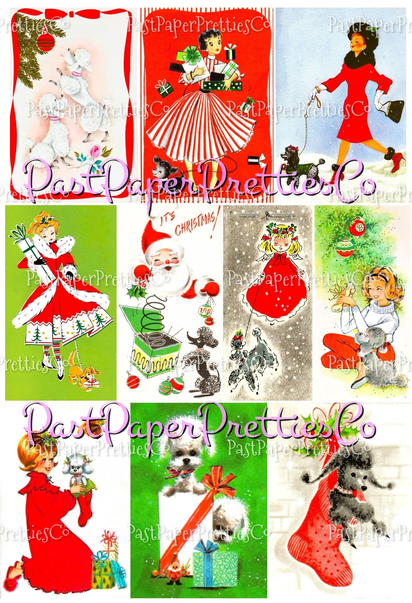 Vintage Christmas Printable MCM Poodles and Ladies Christmas Card Collage Images PDF Instant Digital Download Pretty Holiday Girls and Dogs