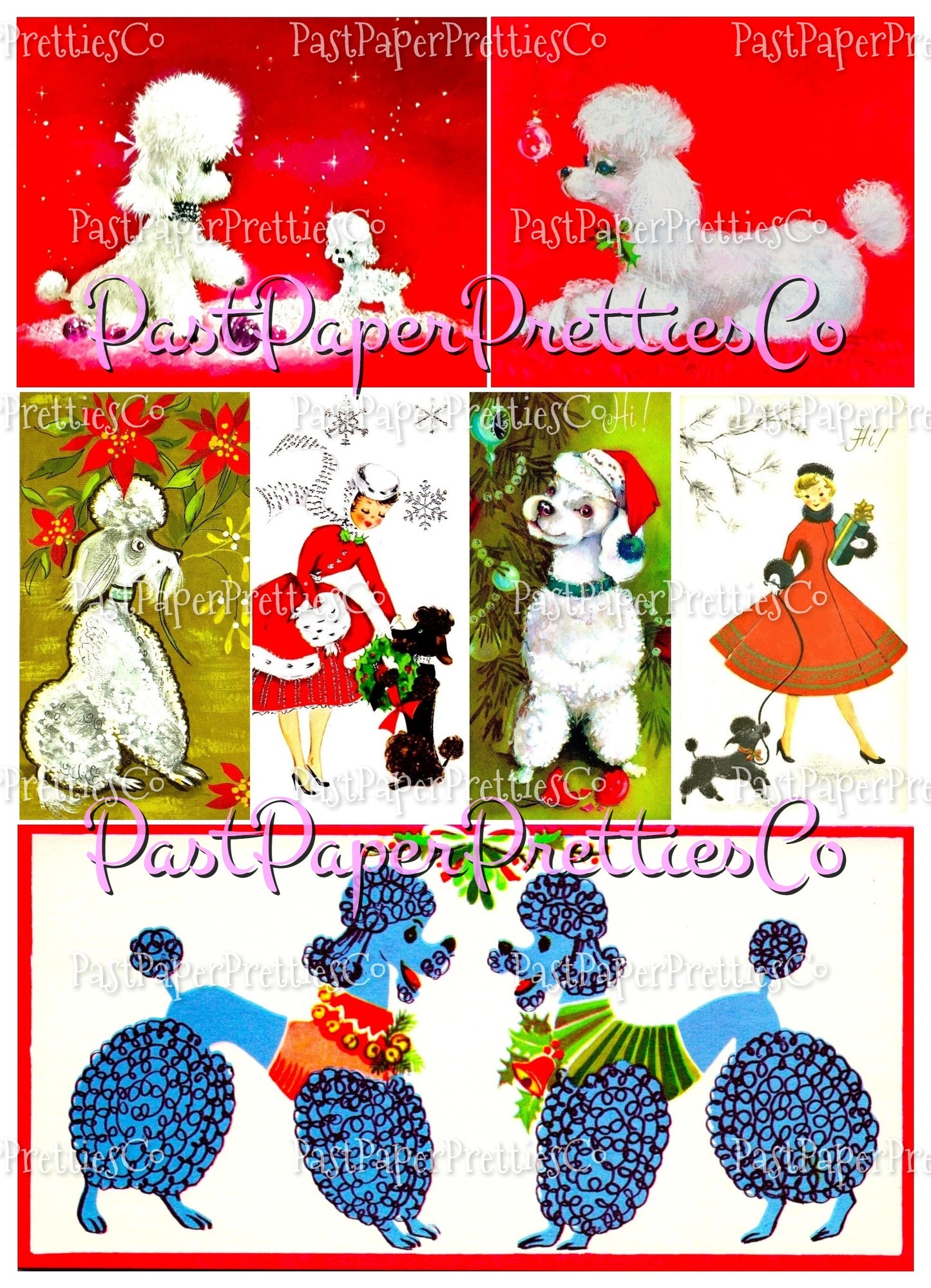 Vintage Christmas Printable MCM Poodles and Ladies Christmas Card Collage Images PDF Instant Digital Download Pretty Holiday Girls and Dogs