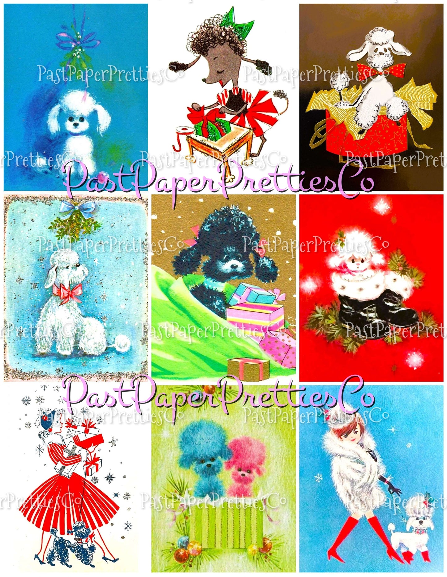 Vintage Christmas Printable MCM Poodles and Ladies Christmas Card Collage Images PDF Instant Digital Download Pretty Holiday Girls and Dogs