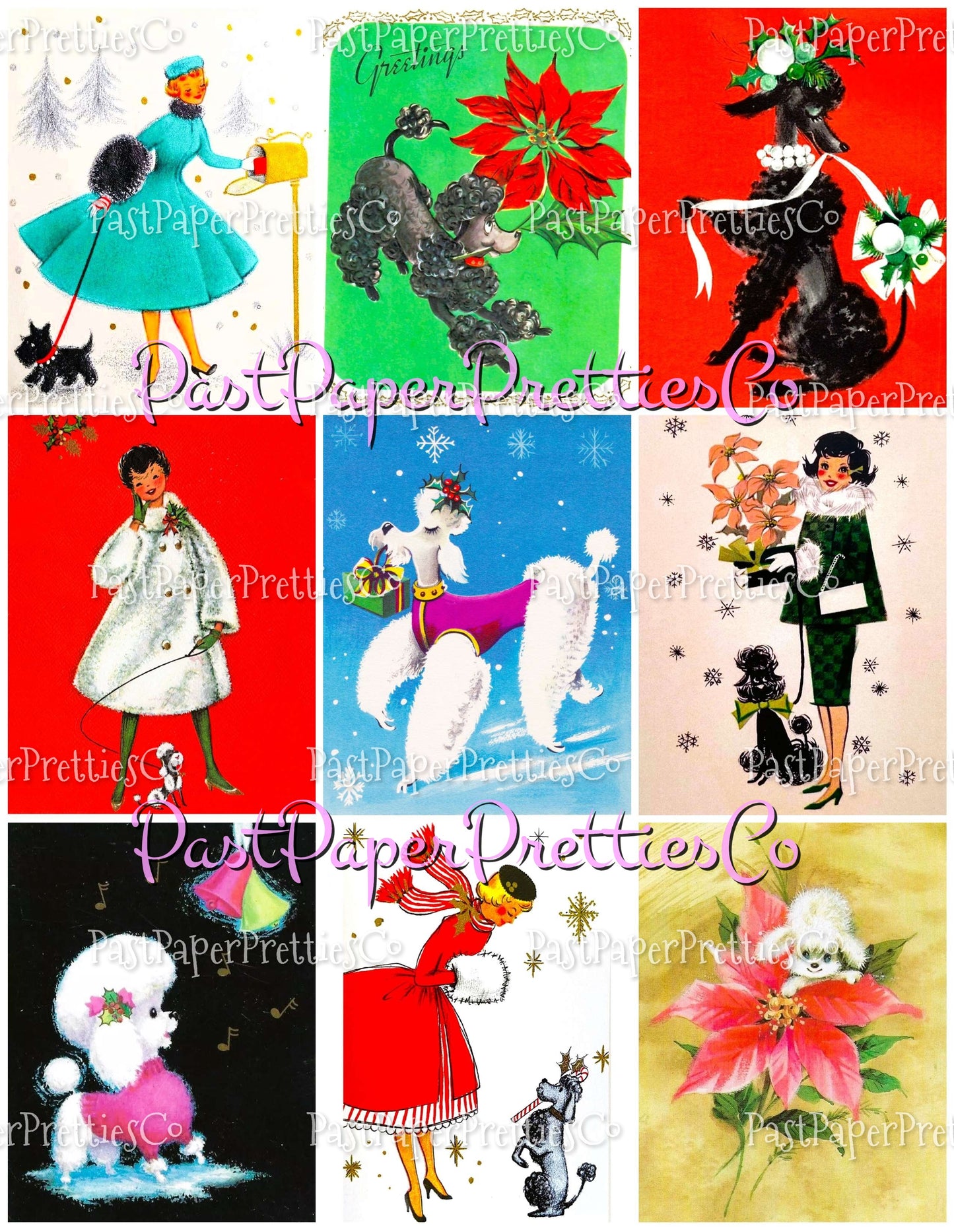 Vintage Christmas Printable MCM Poodles and Ladies Christmas Card Collage Images PDF Instant Digital Download Pretty Holiday Girls and Dogs