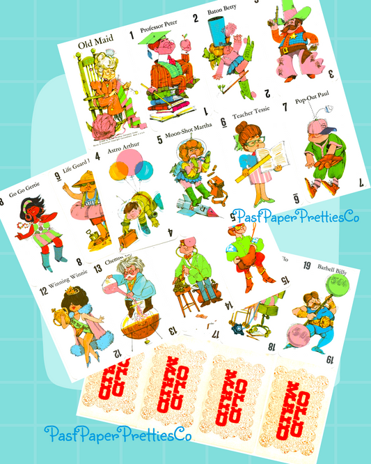 Vintage Printable Old Maid Playing Cards Cute Illustrations 1968 Childhood Card Game Images PDF Instant Digital Download Singles & Collages