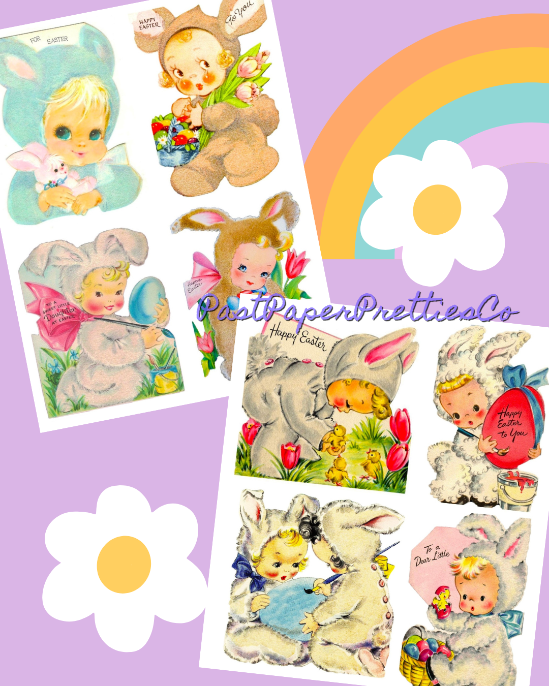 Vintage Easter Card Bunny Suit Babies Images 8 Cute Kitsch Printable Collage and Single Cards PDF Instant Digital Download MCM Clip Art