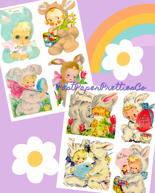 Vintage Easter Card Bunny Suit Babies Images 8 Cute Kitsch Printable Collage and Single Cards PDF Instant Digital Download MCM Clip Art