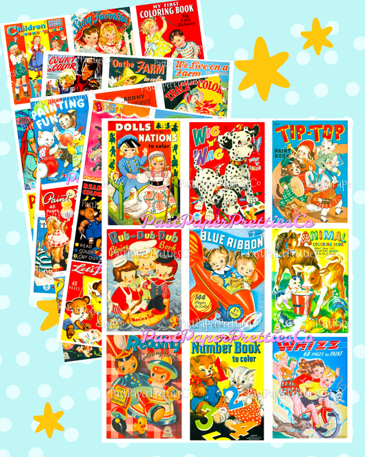 Vintage Printable Retro MCM Cute Childrens Coloring Book Covers Collage Sheet Images PDF Instant Digital Download Kids Animals Book Clip Art