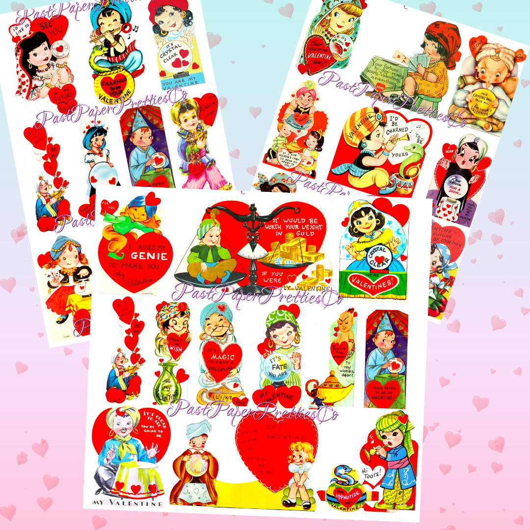 Vintage Valentines Day Fortune Teller Magician Magical Mystical Themed Printable Cards 31 Images Collage Sheets PDF Instant Digital Download