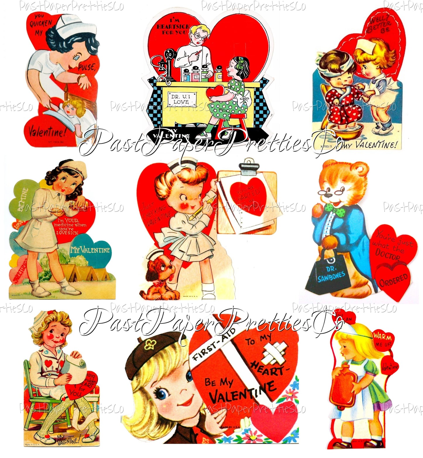 Vintage Valentines Day Doctor Nurse Themed Printable Card Image Collage Sheets PDF Instant Digital Download 36 ALL Cute Medical Hospital