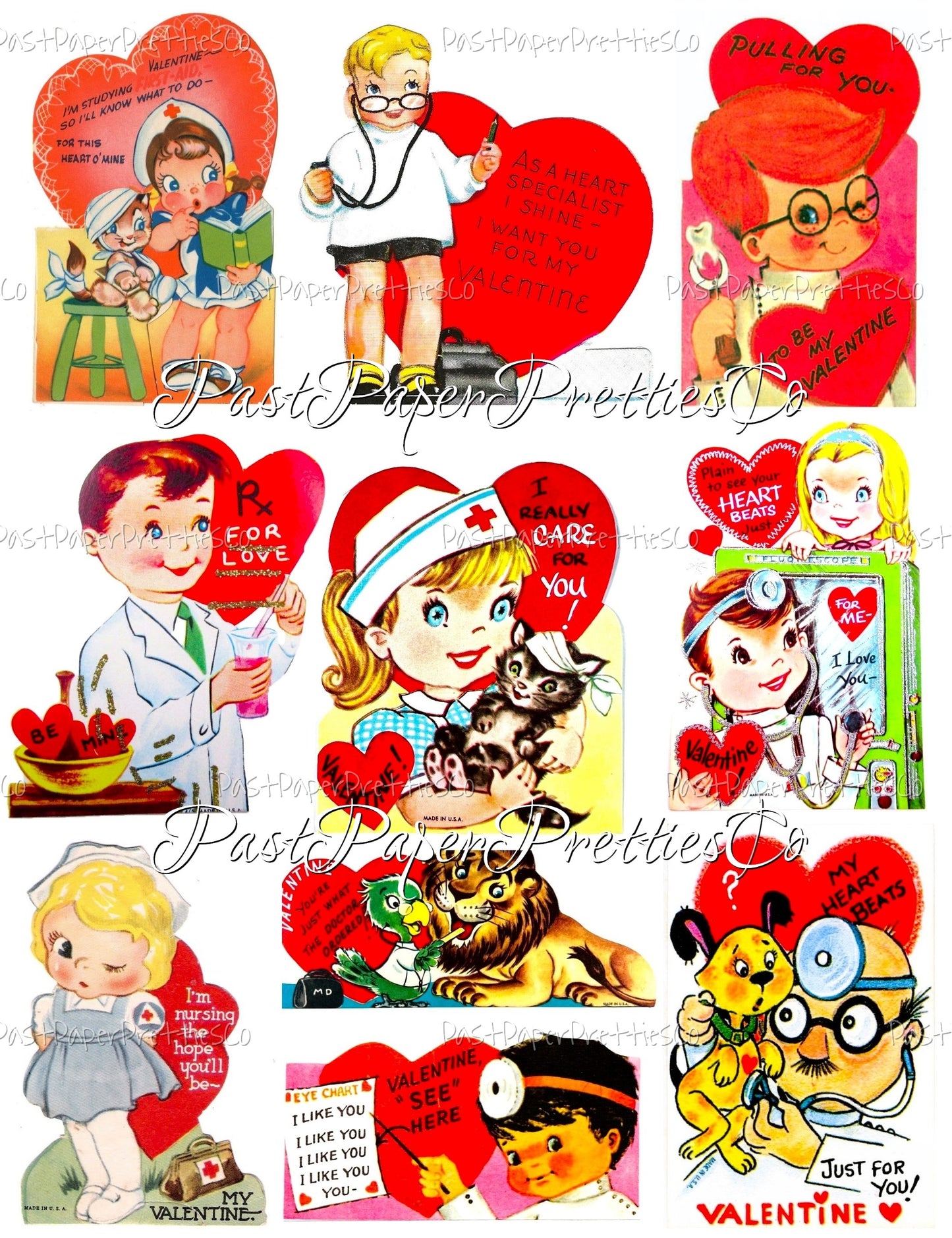 Vintage Valentines Day Doctor Nurse Themed Printable Card Image Collage Sheets PDF Instant Digital Download 36 ALL Cute Medical Hospital